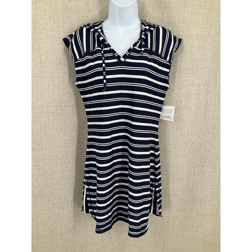 Athleta Tunic Dress Womens S Blue White‎ Striped Hooded Cap Sleeve Coverup NEW